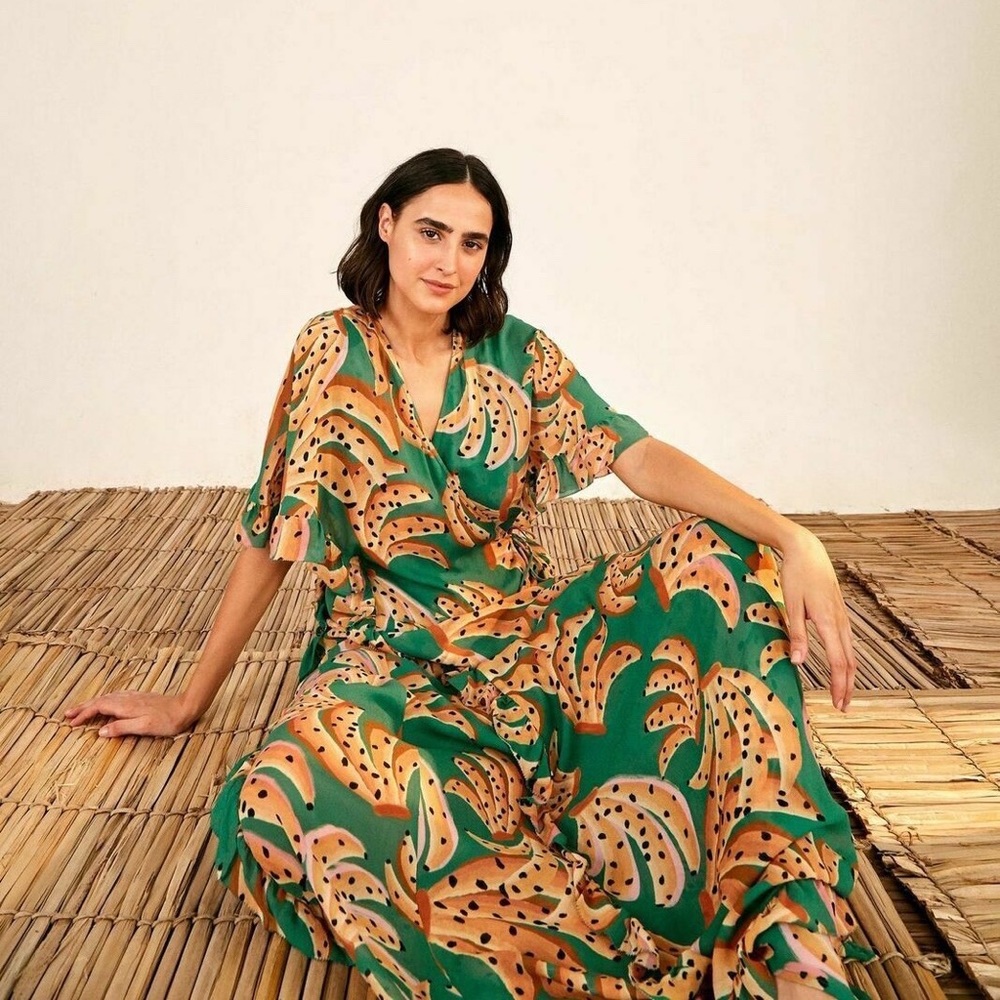 FARM Rio Green Raining Bananas Maxi Wrap Dress